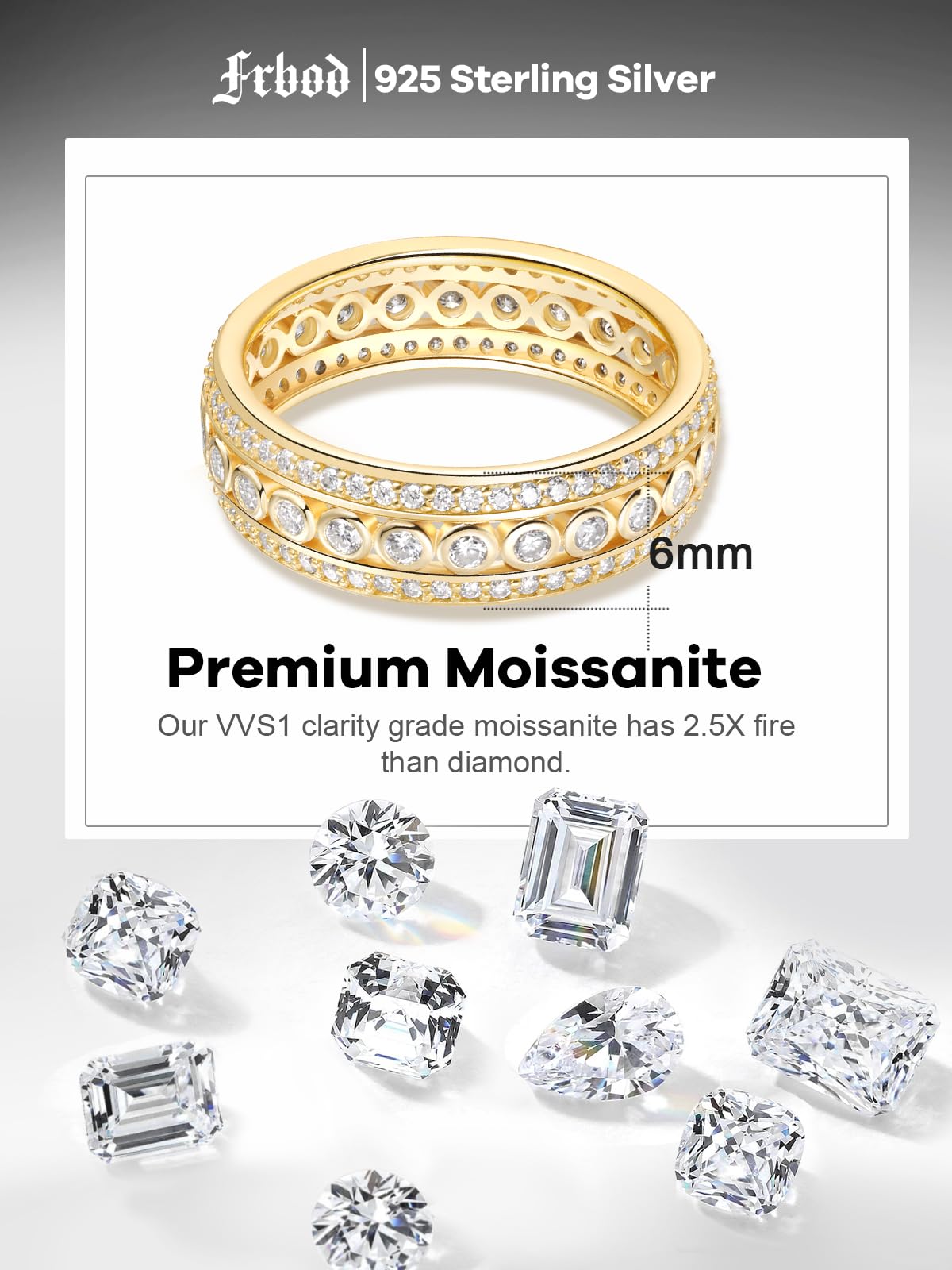 Frbod Women's Moissanite Eternity Rings Chunky 3 Row Diamond Rings Gold Plated Mens Wedding Ring Size 10