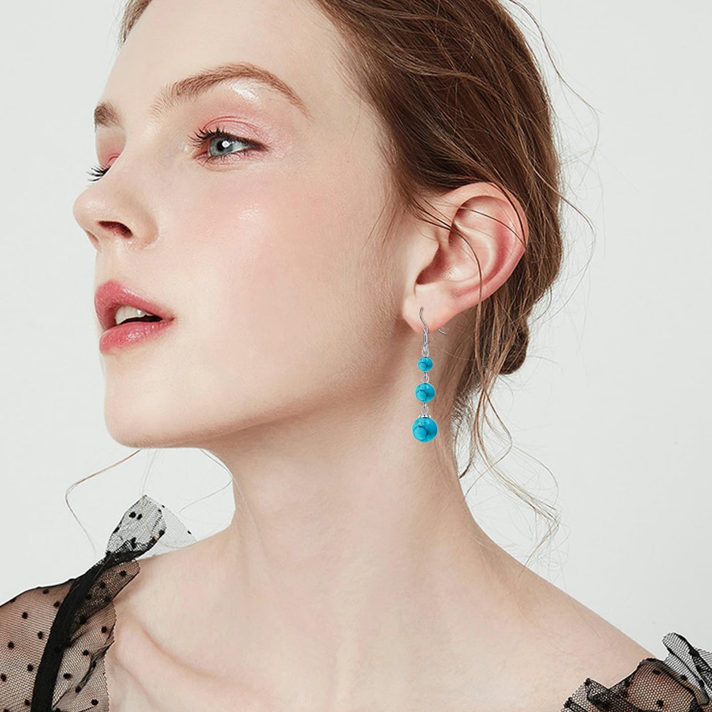 925 Sterling Silver Turquoise Dangle Earrings Three Turquoise Drop Jewelry Birthday Gifts for Women (Turquoise)