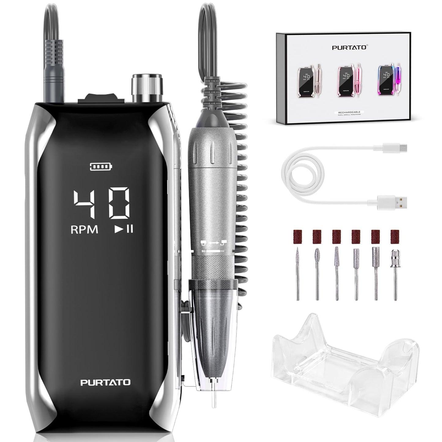 PURTATO Professional Nail Drill 40,000 RPM, Rechargeable,LCD Display E File Machine for Acrylic Nails Gel Polishing Removing Portable Nails Efile Tools for Manicure Salon & Home (Silver)