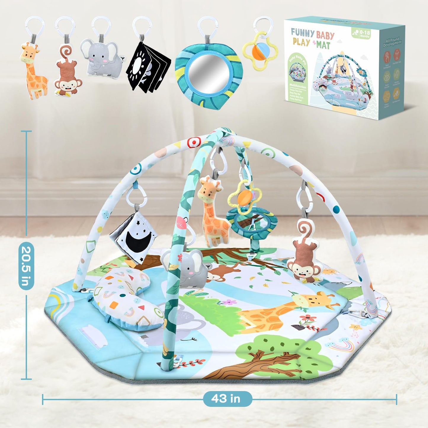 Baby Gym Play Mat, 8-in-1 Tummy Time Mat & Ball Pit with 6 Toys, Washable Baby Activity Play Mat for Visual, Hearing, Sensory, Motor Development, Baby Toys Gift for Toddler Infant 0-3-6-9-12 Months