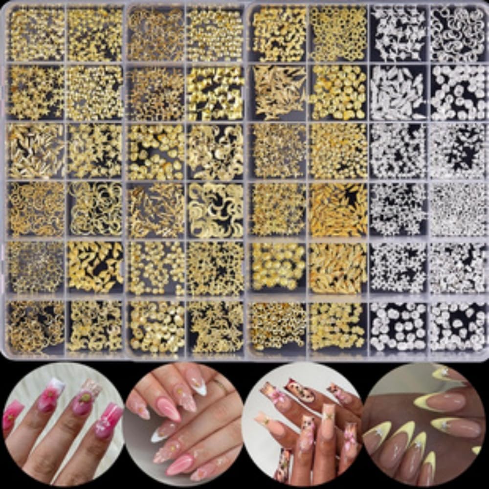 Gold Nail Charms 3D Alloy Beads Nail Gems Shiny Ocean Beach Starfish Star Moon Nail Jewels Multi-Shapes Metal Golden Lines Nail Art Supplies with Tweezer for Women DIY Acrylic Nail 12 Grids 1 Box