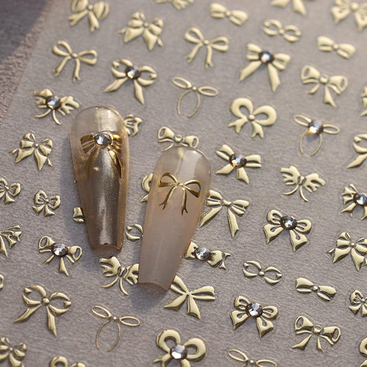 Gold Bow Nail Stickers for Nail Art Coquette Bow Nail Decals with 3D Rhinestone Design Bows Stickers for Nails Self Adhesive Nail Art Supplies Charms for Women Girls DIY Manicure 1 Sheet