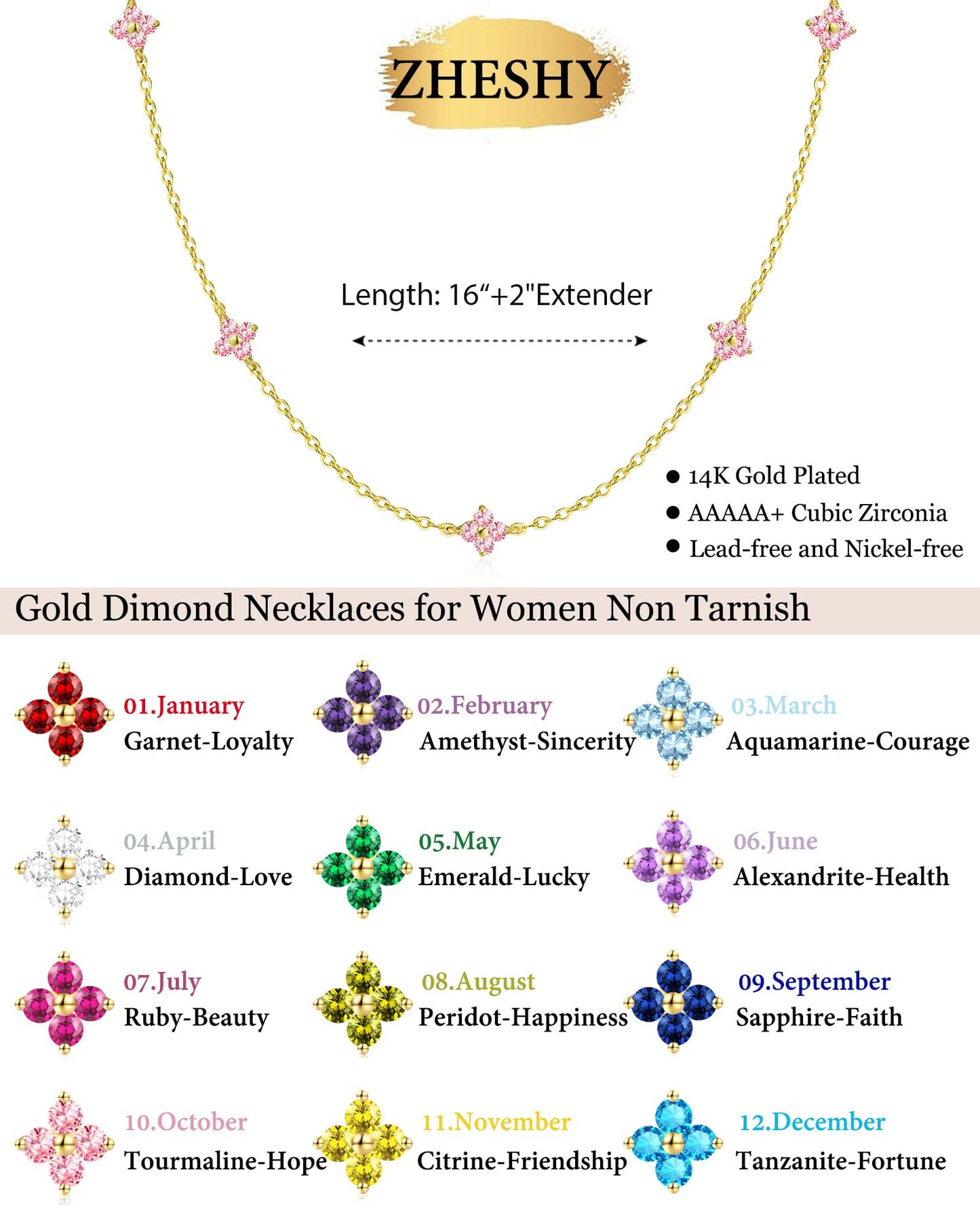 ZHESHY Birthstone Gold Necklace for Women Dainty Non Tarnish 14K Gold Plated Clover Necklaces Pink CZ Station Choker Necklace Birthday Gifts Womens Gold Jewelry