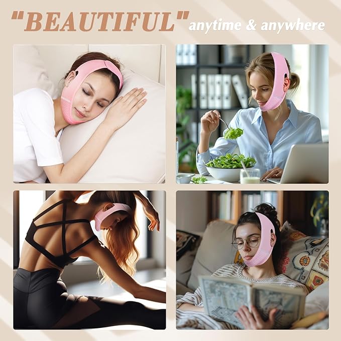 Reusable V Line Lifting Mask with Chin Strap, V Shaped Face Mask for Sagging, Jaw Exerciser (Pink)