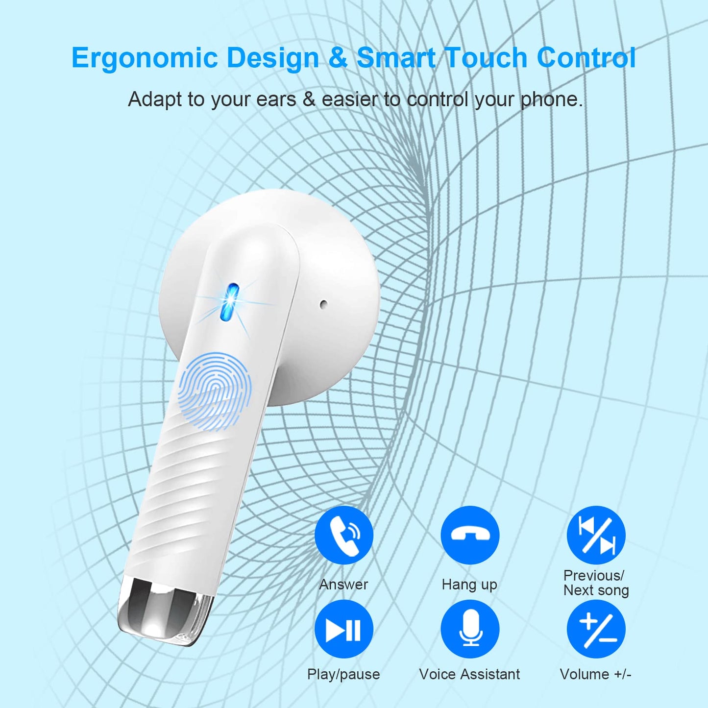 Jxrev Wireless Earbuds, Bluetooth 5.3 Headphones in Ear with Noise Cancelling Mic, Earbuds Stereo Bass, IP7 Waterproof Sports Earphones, 32H Playtime USB C Charging Buds White for Android iOS