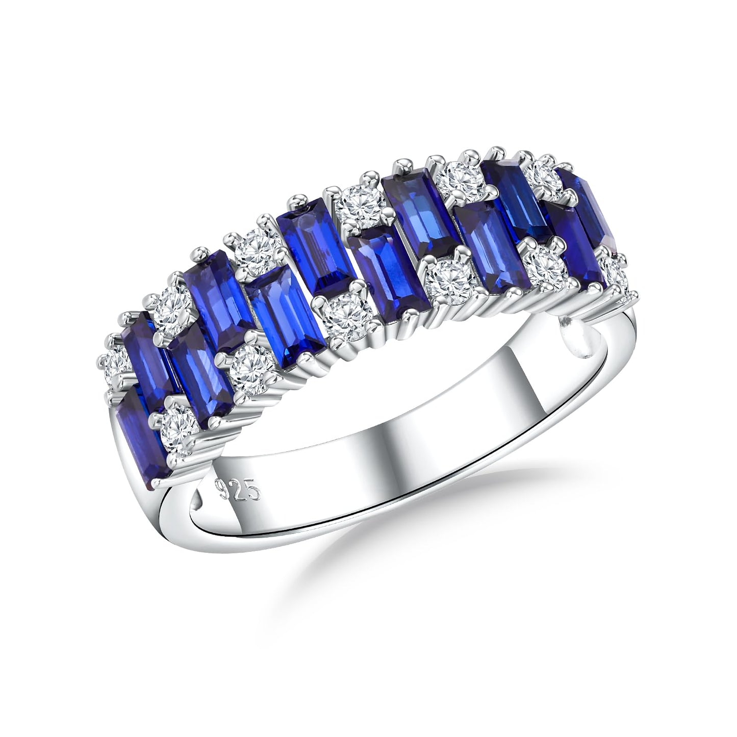 RANDES Blue Sapphire Ring Emerald Cut Eternity Band Sterling Silver Band Ring Cubic Zirconia Engagement Wedding Rings for Women Size 8