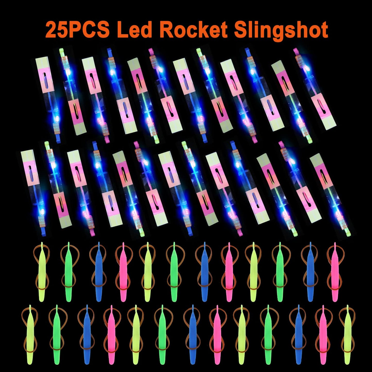 lpvoqpth 25 Sets LED Flying Set, 25 Slingshot+25 Glow Helicopter-50 Pcs, Flying Toy Outdoor Toys Glow in The Dark Party Supplies Party Favors for Kids 8-12,4-8