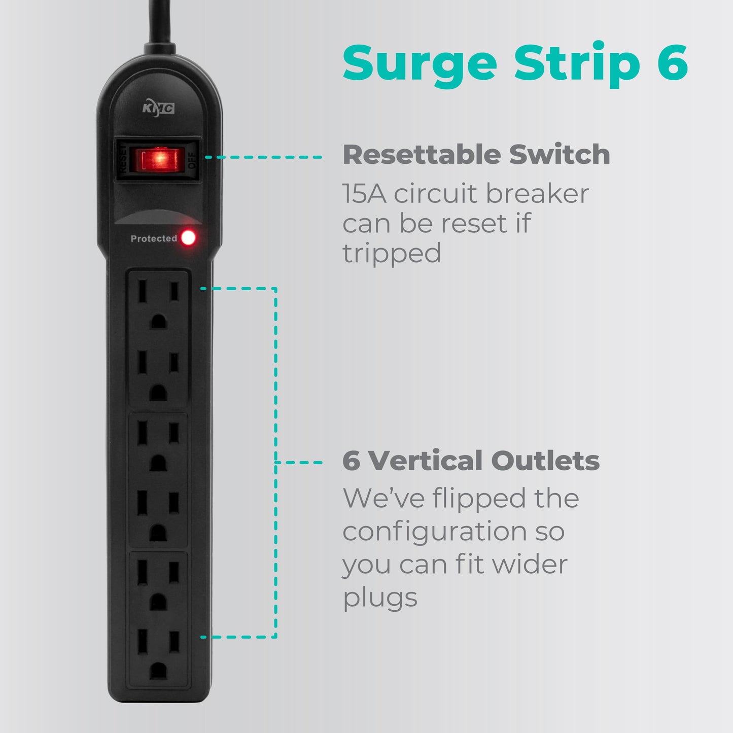 KMC 6-Outlet Surge Protector Power Strip 2-Pack, 900 Joules, 4-Foot Extension Cord, Overload Protection, Black