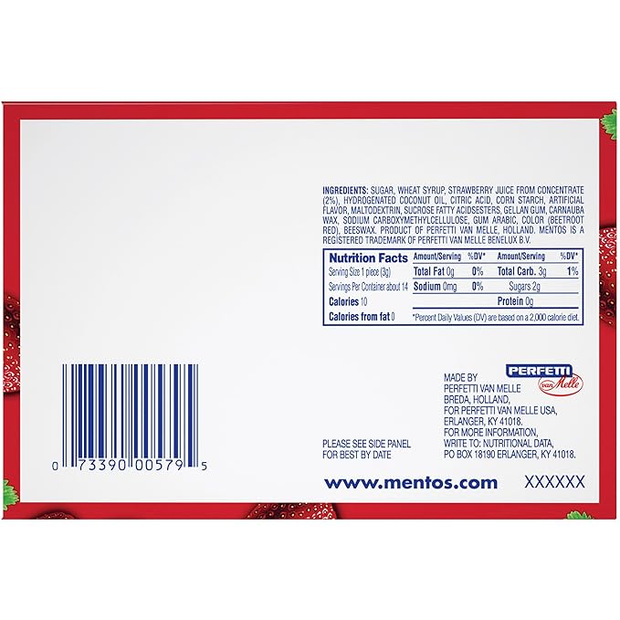 Mentos Chewy Mint Candy Roll, Strawberry, Non Melting, Party,15 Count (Pack of 1)