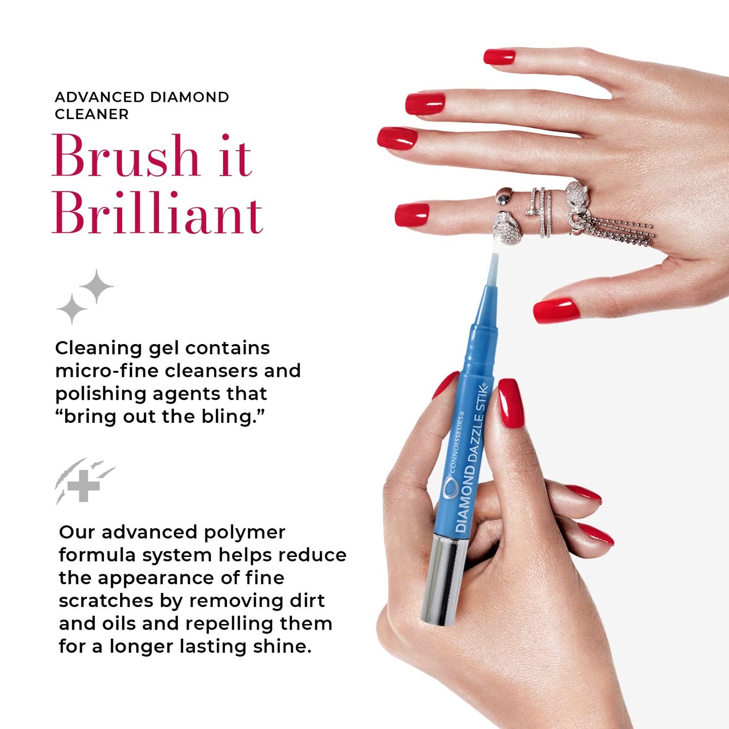 CONNOISSEURS Diamond Dazzle Stik for Rings, Earrings, and Bracelets - Portable Jewelry Cleaner Solution Pen - Reduces Scratches and Removes Dirt