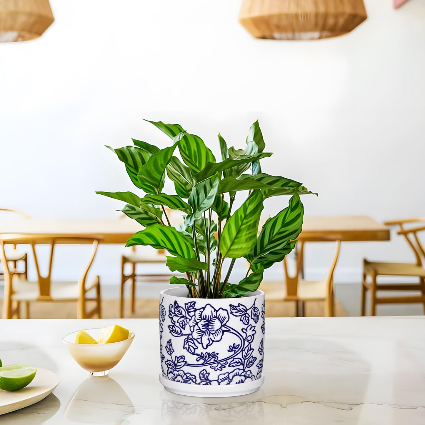 Set of 2 Blue and White Ceramic Plant Pots with Drainage Hole and Saucers, Retro Blue Porcelain Vase Round Planters for Succulent Cactus Indoor Outdoor Garden Home Desktop Decor, 4.5+5.5 Inch