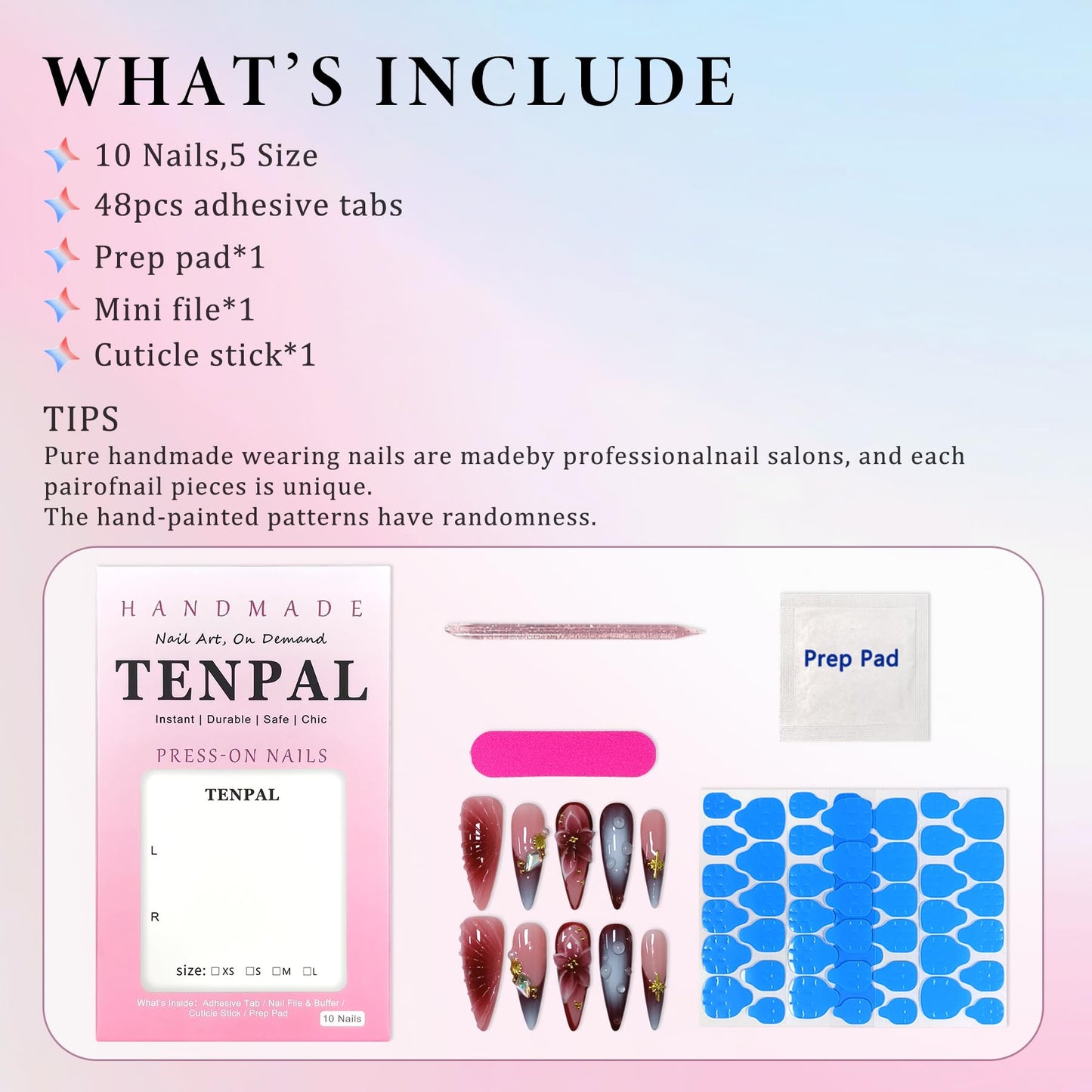 TENPAL Stiletto Press on Nails - Wine Brown Blushing French Fake Nails with 3D Floral Teardrop Design,Glossy False Nails with Tools,Handmade Glamorous Winter Style Glue on Nails for Women Girls(S)