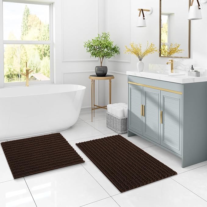Arotive Luxury Chenille Bathroom Rug Mat, Extra Soft Thick Absorbent Shaggy Bath Rugs, Non-Slip Machine Wash Dry, Plush Bath Mats for Bathroom, Shower and Tub, 45x27, Brown