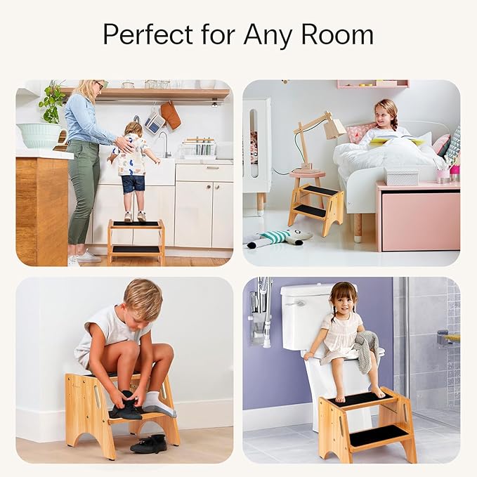 StrongTek Wooden Step Stool, 15" Dual Height Step Stools for Kids, Easy to Clean, Toddler Potty Training Stool with Handles, 300 lbs Capacity for Bathroom Sink, Kitchen, Bedroom