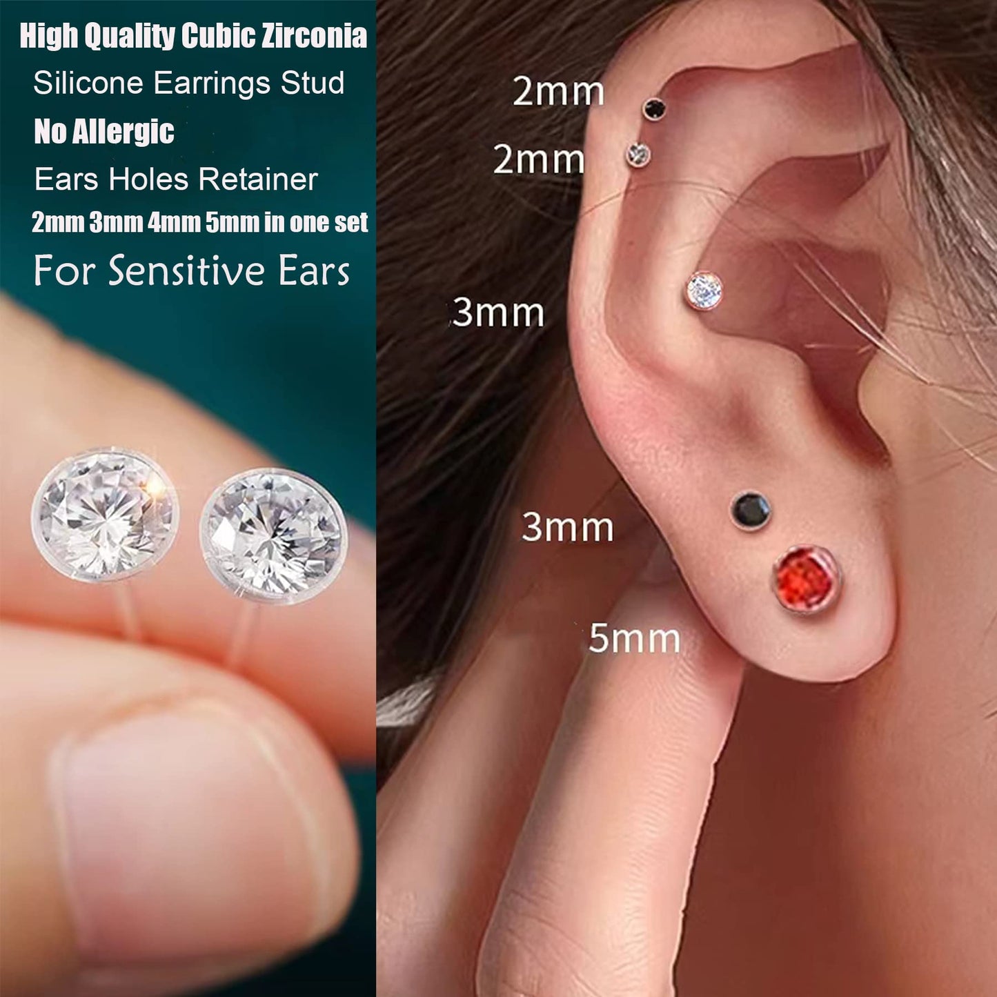 Anti Allergy Hypoallergenic Plastic Stud Earrings Set, 8 Pairs with Silicone Backs, 2-5mm Cubic Zirconia for Sensitive Ears (Pink)