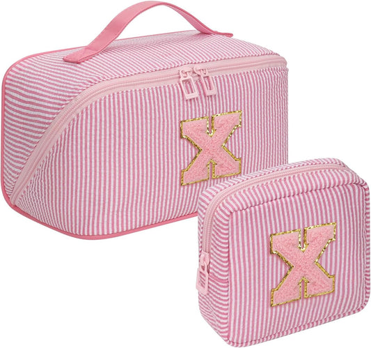 Travel Makeup Bag for Women, 2Pcs Portable Personalized Initial Makeup Organizer Bag, Open Flat Large Cosmetic Bag With Travel Essential Pouch (Pink Letter X)