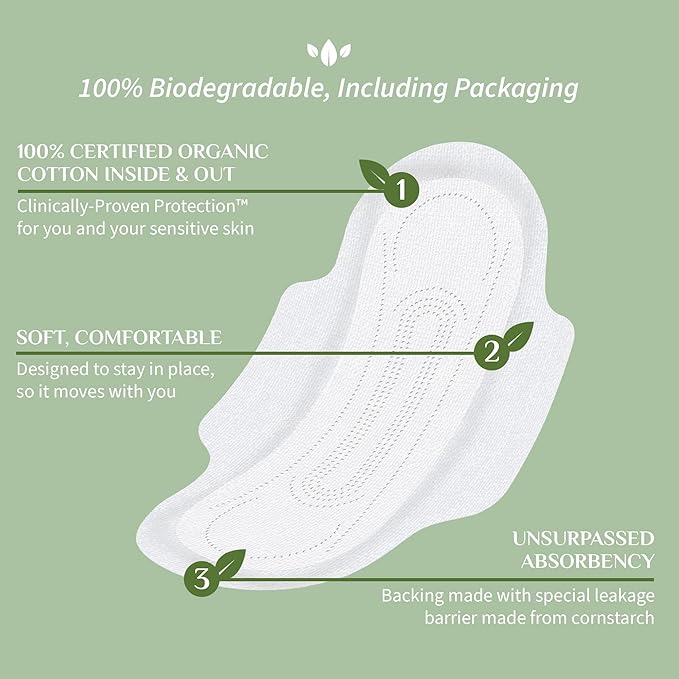Organyc - 100% Certified Organic Cotton Inside and Out Feminine Pads, Sanitary Napkin 40 Count, Heavy Flow, New Larger Size Packaging
