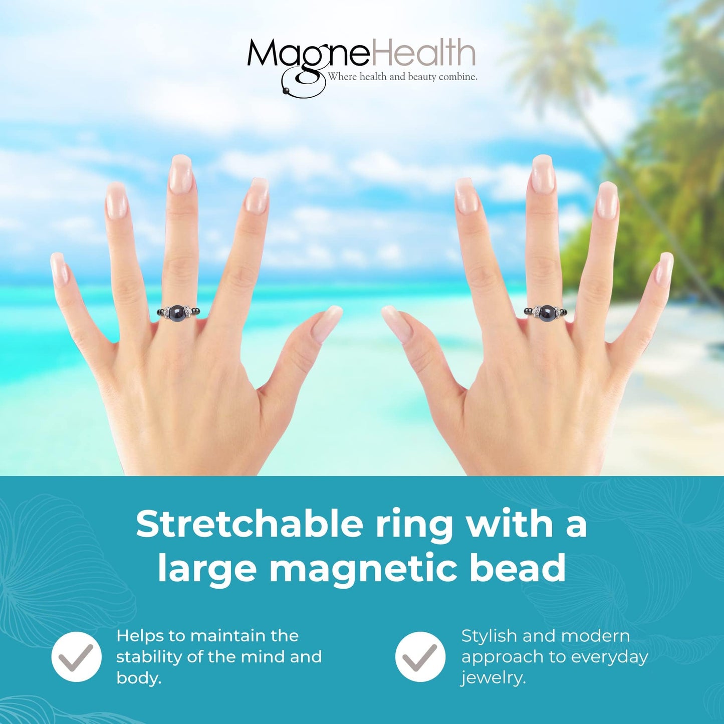 MAGNEHEALTH Black Magnetic Hematite Stretch Ring - Beaded Rings & Stretch Rings For Women, Finger Rings For Women, Aesthetic Rings & Magnet Rings For Acupressure Points - Small Ring Size, 6-7