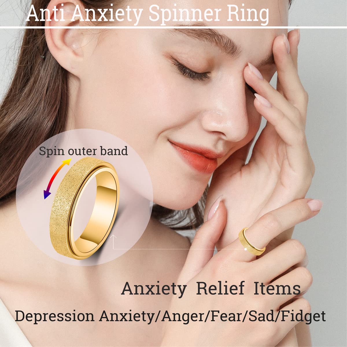 OreilleStar Titanium Stainless Steel Anxiety Ring for Women Men Fidget Toys Adults Spinner Ring 6mm Wide Cool Mood Rings Band Rings Hand Polished Gold Size 7