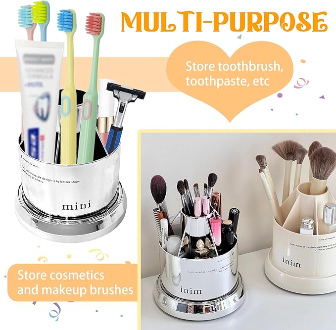 Multi Functional Rotating Toothbrush Holders with Sliding Base, 7 Slot Bathroom Countertop Organizer Perfect for Tooth Brush, Toothpaste, and Makeup Brushes Storage (White)