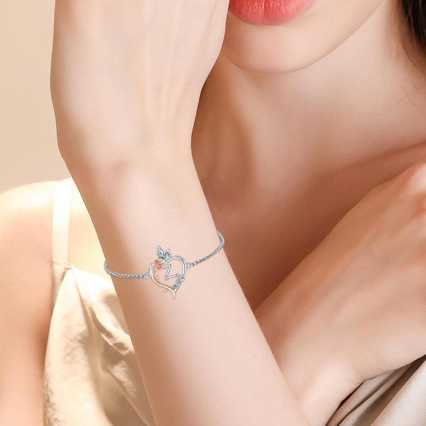 TOUPOP Rose Heart Bracelet for Women Sterling Silver Heart Initial Z Letter Bracelet Butterfly Love Jewelry Anniversary Birthday Mothers Day Gifts for Mom Wife Her Girlfriend