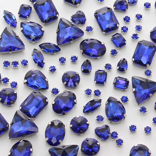 TANOSII Sew on Rhinestones 100 PCS Mixed Shapes Glass Rhinestones Sew on Crystal Gems Mental Flatback with Silver Claw for Jewelry Crafts Clothes Shoes Costume Garment Sapphire Blue