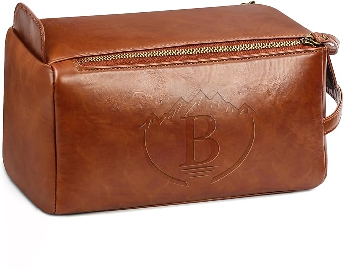 Personalized Toiletry Bag for Men,Initial Mens Toiletry Bags for Traveling,Men Travel Toiletries Bag,PU Leather Shaving Bag for Toiletries Accessories kit,Brown B