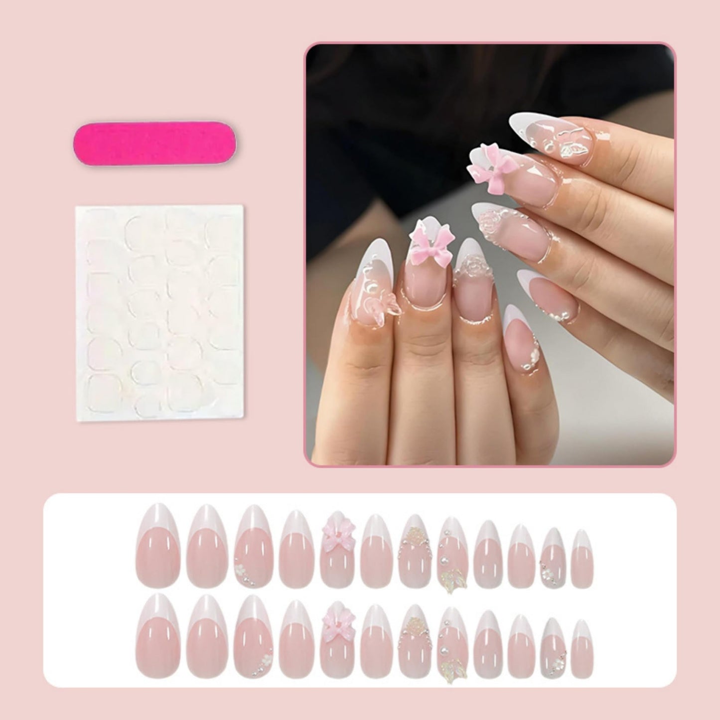 SEENEEY Almond Press on Nails Medium Fake Nails French Artificial Nail Pink Bow and Pearl Designs Cute Stick on Nail for Women 24pcs