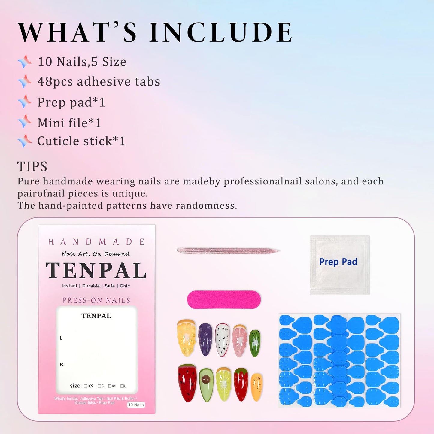 TENPAL Summer Fruit Press on Nails - Vibrant Almond Shaped Fake Nails with Kiwi, Watermelon & Avocado Designs | Reusable Colorful Nail Art for Women | Tropical Fruit Manicure Set (Medium Length,M)