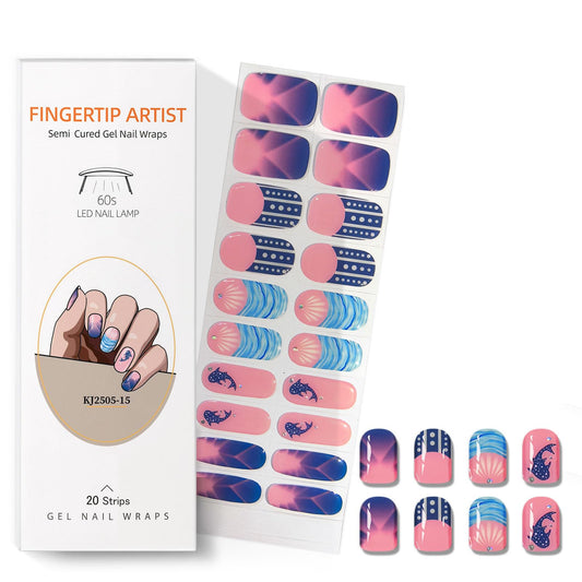 Semi Cured Gel Nail Strips with Shark Designs Gel Nail Stickers Blue Glossy French Tip Salon Quality & Easy to Use 20 Pcs for Women