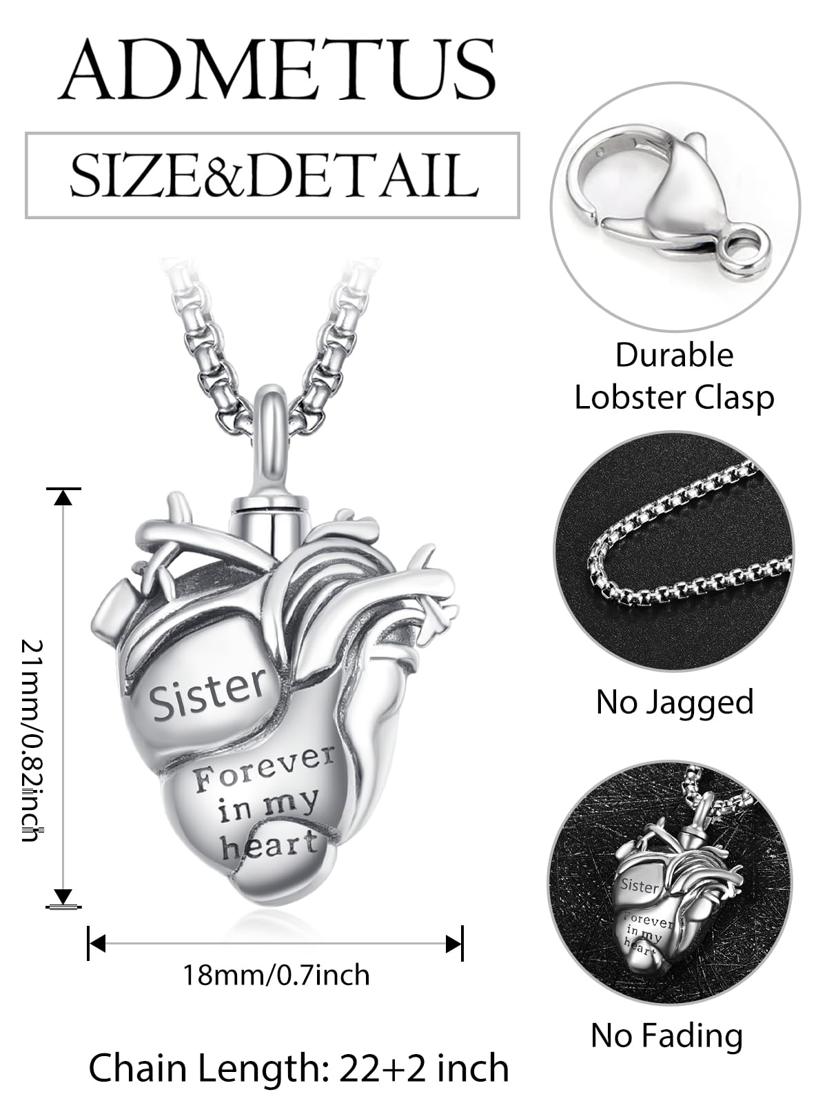 Anatomical Heart Urn Necklaces for Ashes Sterling Silver Ash Pendants Cremation Jewelry Sister Keepsake Pendant Memorial Jewelry Gifts for Loss of Sister