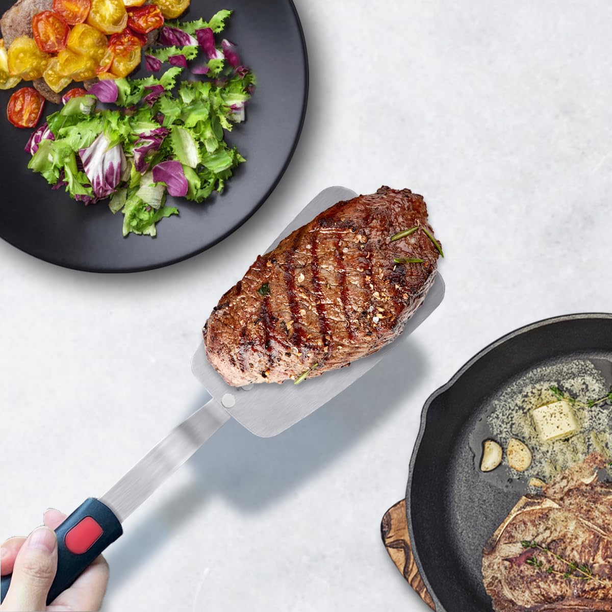 Stainless Steel Flexible Spatula Solid Turner, XiaoZu Thin Metal Spatula for Cast Iron Skillet, Thin Blade and Heat Resistant Silicone Handle, Great for Egg, Cookie, Meat, Crep, Medium + Large