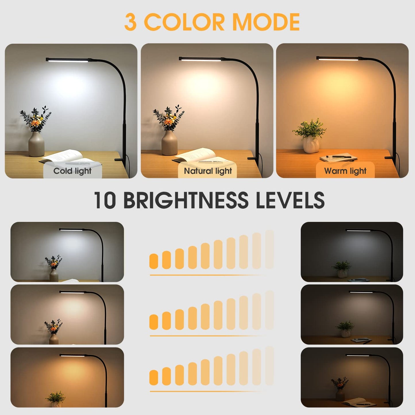 Voncerus LED Desk Lamp with Clamp, Eye-Caring Clip on Lights for Home Office, 3 Modes 10 Brightness, Long Flexible Goose-Neck, Metal, Swing Arm Architect Task Table Lamps with USB Adapter, Black