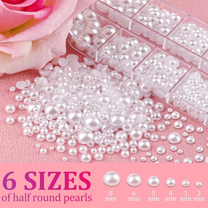 Belleboost Flat Back Pearls Kits 3 Boxes of Flatback White Half Round Pearls with Pickup Pencil and Tweezer for Home DIY and Professional Nail Art, Face Makeup and Craft