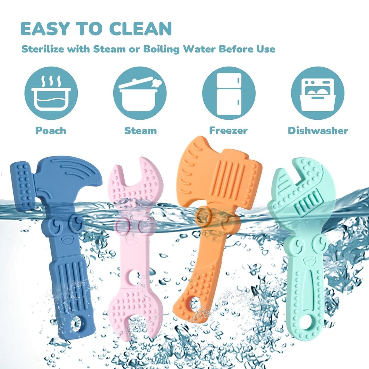 TYRY.HU Baby Teething Toys for Babies, Baby Teether Toys, BPA Free Silicone Baby Molar Teether Chew Toys, Hammer Wrench Spanner Pliers for Boys Girls, Soft-Textured, Easy to Hold & Clean, 4 Packs