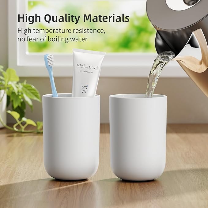 MOPMS Toothbrush Cup 13oz 380ml, Unbreakable Reusable Bathroom Tumbler 2Pcs, Non-Slip Plastic Bathroom Cup Toothbrush Holders for Bathroom, Grey