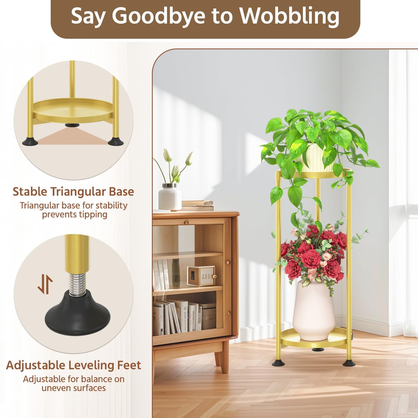 LASZOLA 2 Tier Gold Plant Stand Indoor for Large Tall Heavy Duty Flower Planter, Metal Vertical Multi Level Rack for Narrow Floor Corner, Sturdy Round Holder Organizer, Modern, Mid Century, Farmhouse