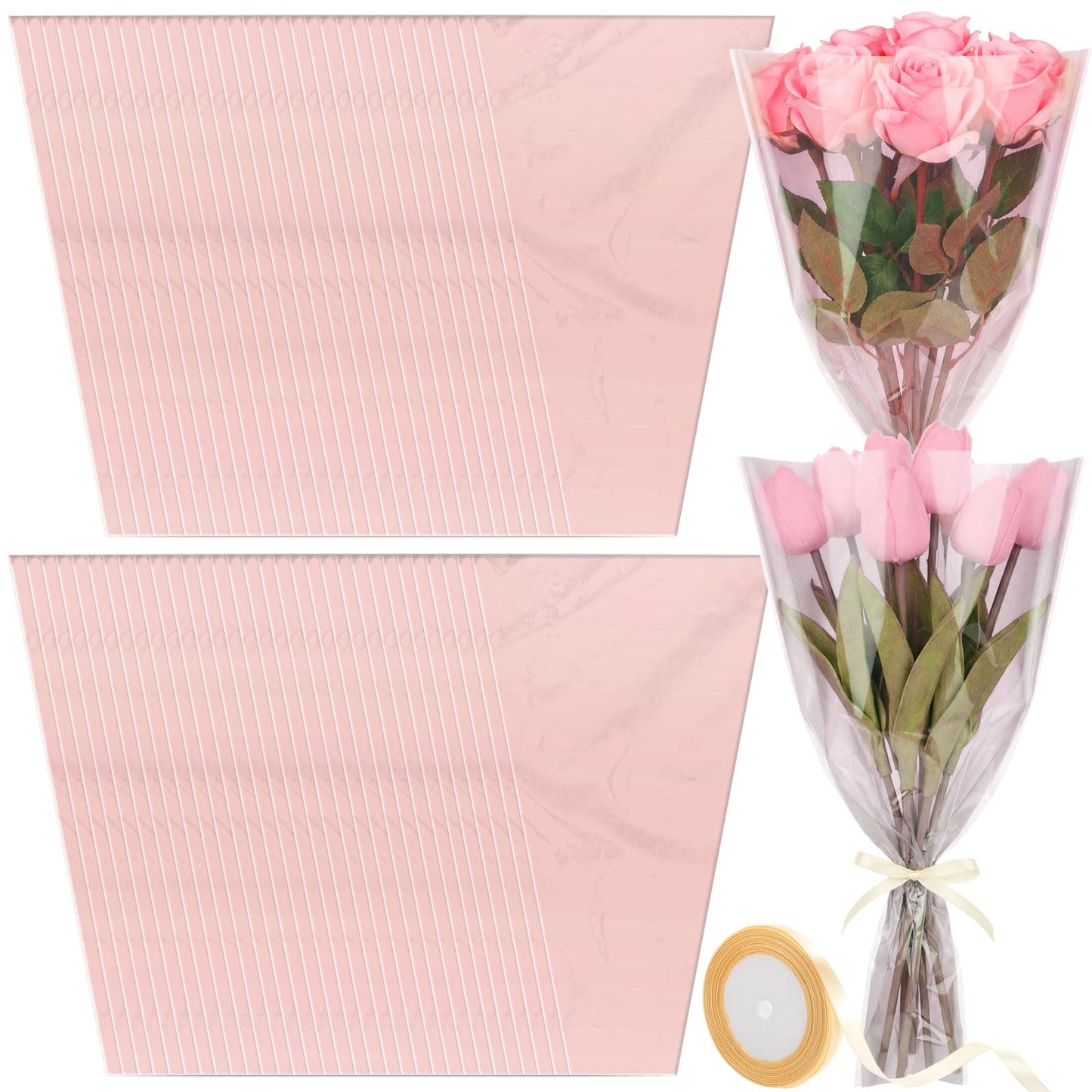 Jaloro 200 Pcs Pink Flower Bags for Bouquets 17.7 x 11 Inch Mother's Day Large Plastic Flower Sleeves Bulk with Ribbon Florist Supplies for Wedding, Birthday, Spring Graduation Gift Wrapping