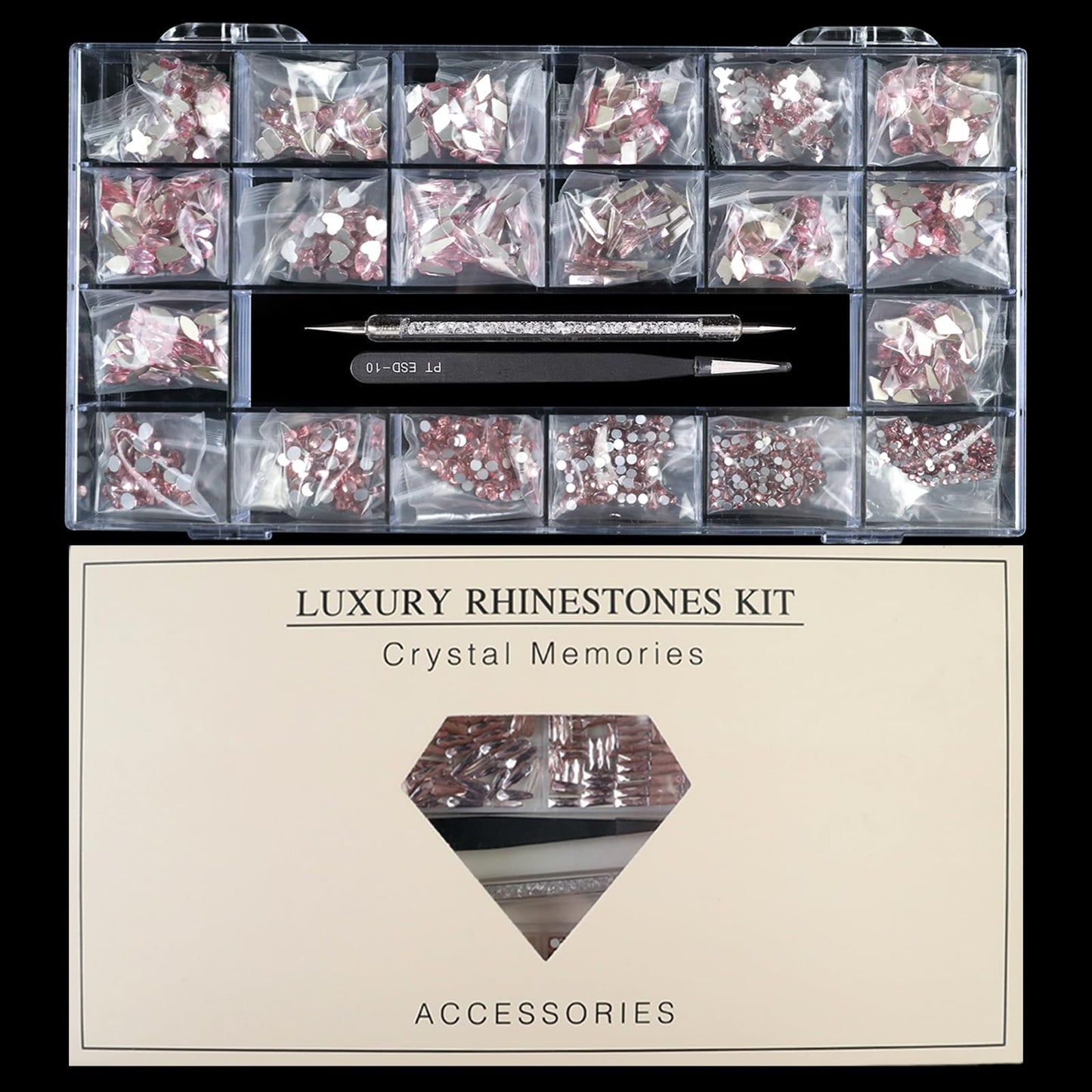 Yzzseven 14 Types of 700 Pink Diamonds + 1500 Flat Rhinestones Mix 20 Styles Flatback DIY Crafts Rhinestone Crystals 3D Ornament‌s Flat Back Stones Set + Tweezers + Drill Pen