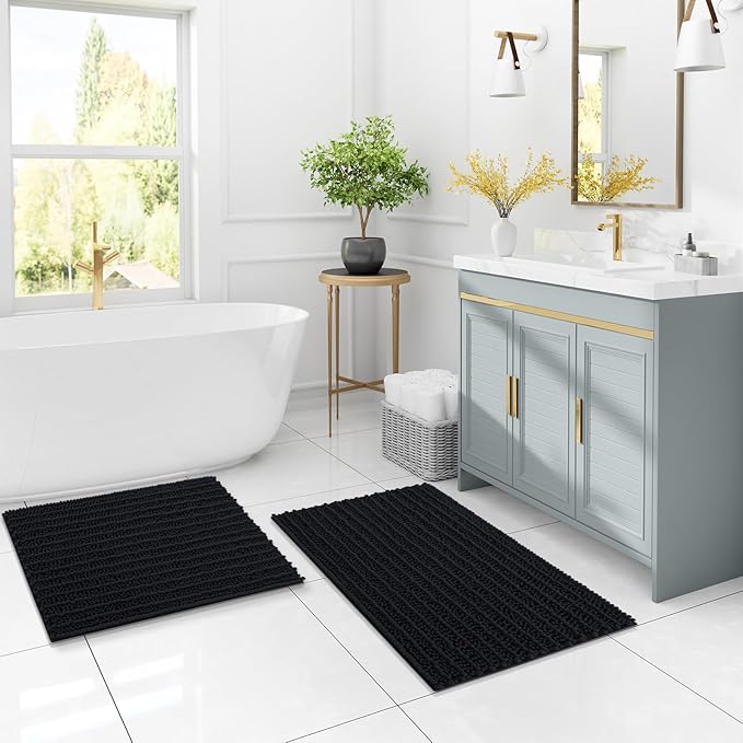 Arotive Luxury Chenille Bathroom Rug Mat, Extra Soft Thick Absorbent Shaggy Bath Rugs, Non-Slip Machine Wash Dry, Plush Bath Mats for Bathroom, Shower and Tub, 47x24, Black