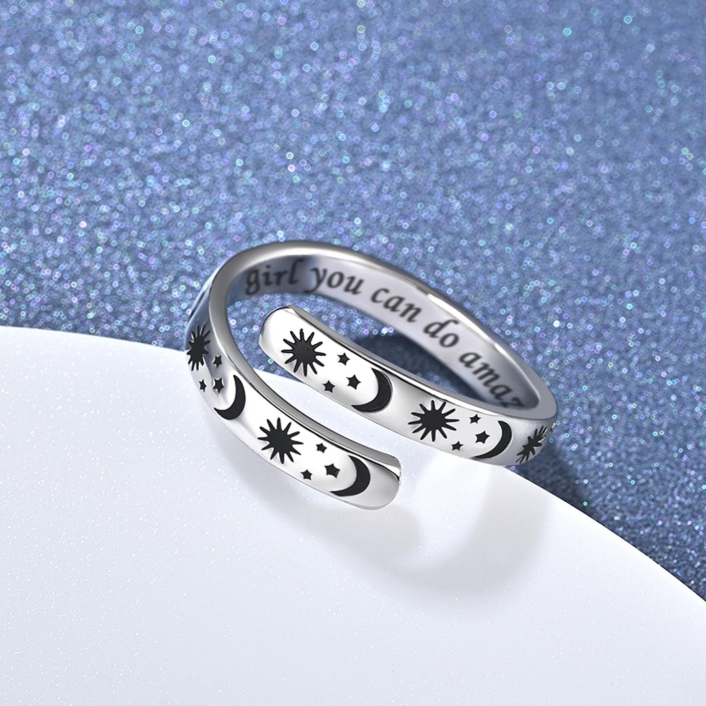925 Sterling Silver Inspirational Jewelry Adjustable Wrap Open Ring Encouragement Gift for Women (Sun & Moon - Beautiful * you can do amazing things)
