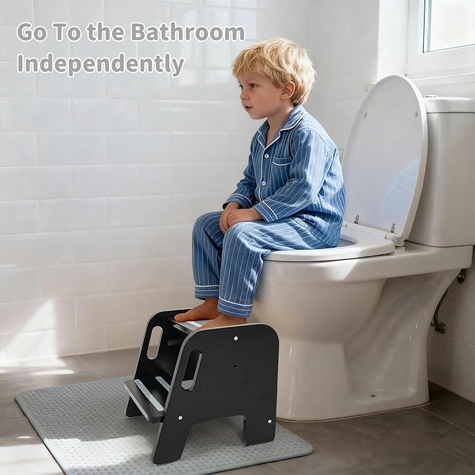 WOOD CITY Toddler Step Stool, Wooden 2 Step Stools for Bathroom Sink Potty Training Kitchen Dual Height Stool Helper for Kids Bonus Non-Slip Pads and Handles for Safety （Black）