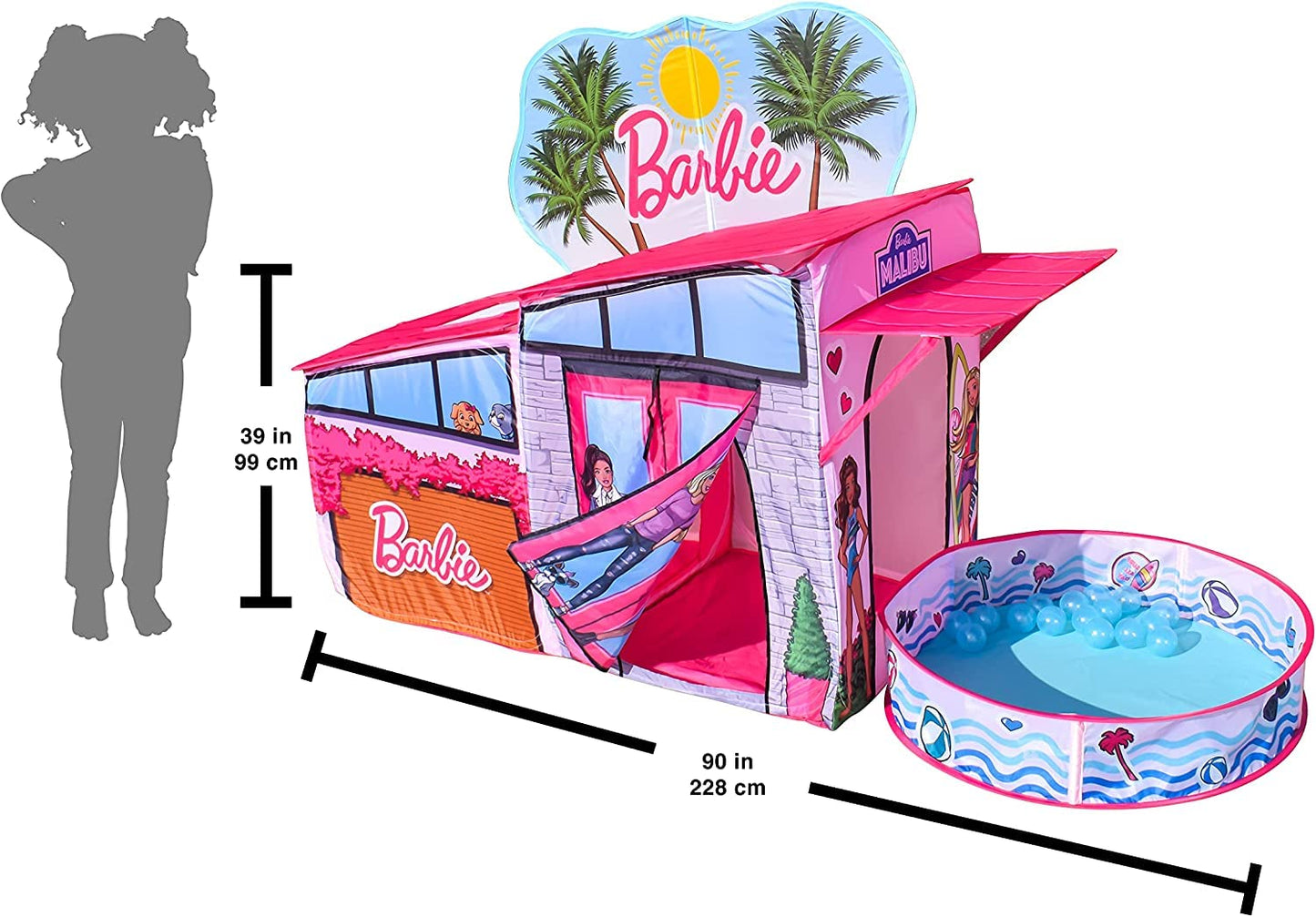 Barbie Dreamhouse™ Extra Large Pop Up Play Tent with Crawl Tunnel and Ball Pit, Over 7 feet Long, Playhouse Toy Folds Into Storage Bag, 20 Play Balls Included, Gift for Toddlers and Kids 3+
