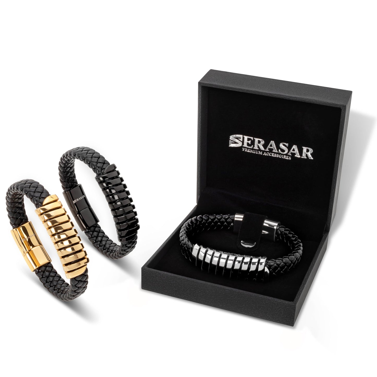 SERASAR Mens Bracelets 20cm Gold Gift Box Genuine Leather Cowhide Braided Adjust Able Magnetic Clasp Multi Layer Wrap Jewellery Rope Man Mans Male Band Jewelry Accessories
