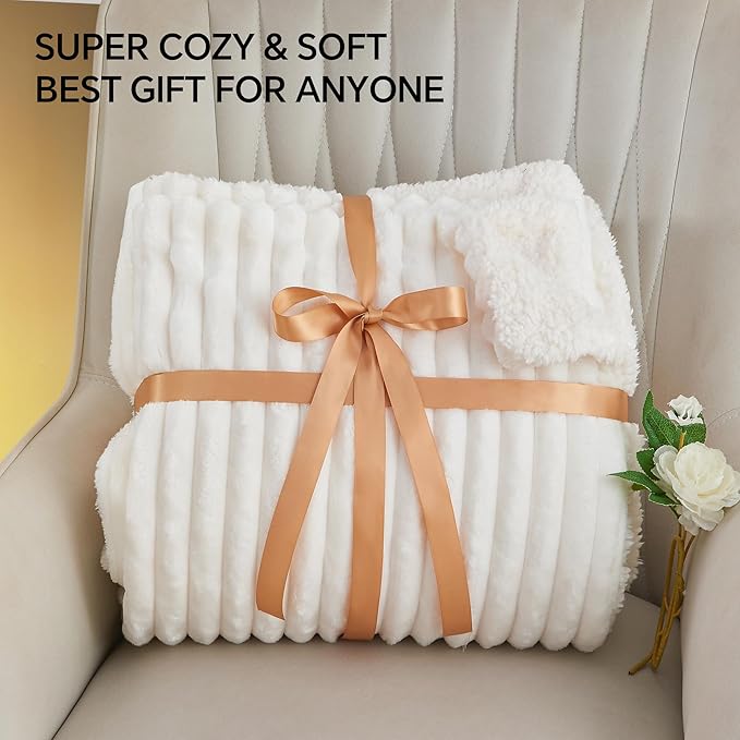 INFIIXSO Sherpa Fleece Queen Size Blanket - Super Soft & Warm Striped Fleece, Cozy Plush Fluffy Large Bed Blanket All Season Use (Off White, 90x90 Inches)