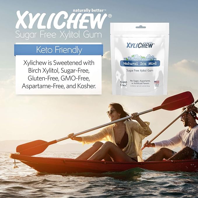 Xylichew 100% Xylitol Chewing Gum - Non GMO, Non Aspartame, Gluten Free, and Sugar Free Gum - Natural Oral Care, Relieves Bad Breath and Dry Mouth - Ice Mint, 50 Count