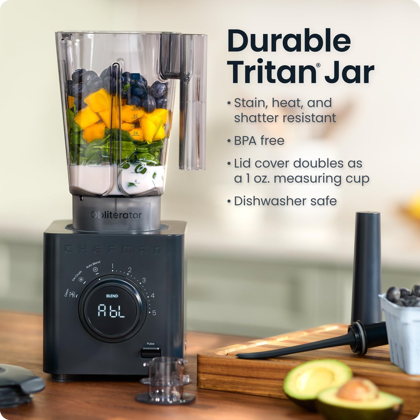 Chefman Obliterator 48 oz Countertop Blender for Smoothies, 1380W Motor to Crush Ice, Nuts, and Frozen Fruit with Stainless Steel Blade, Auto Blend Function, Includes Tamper and Scraper