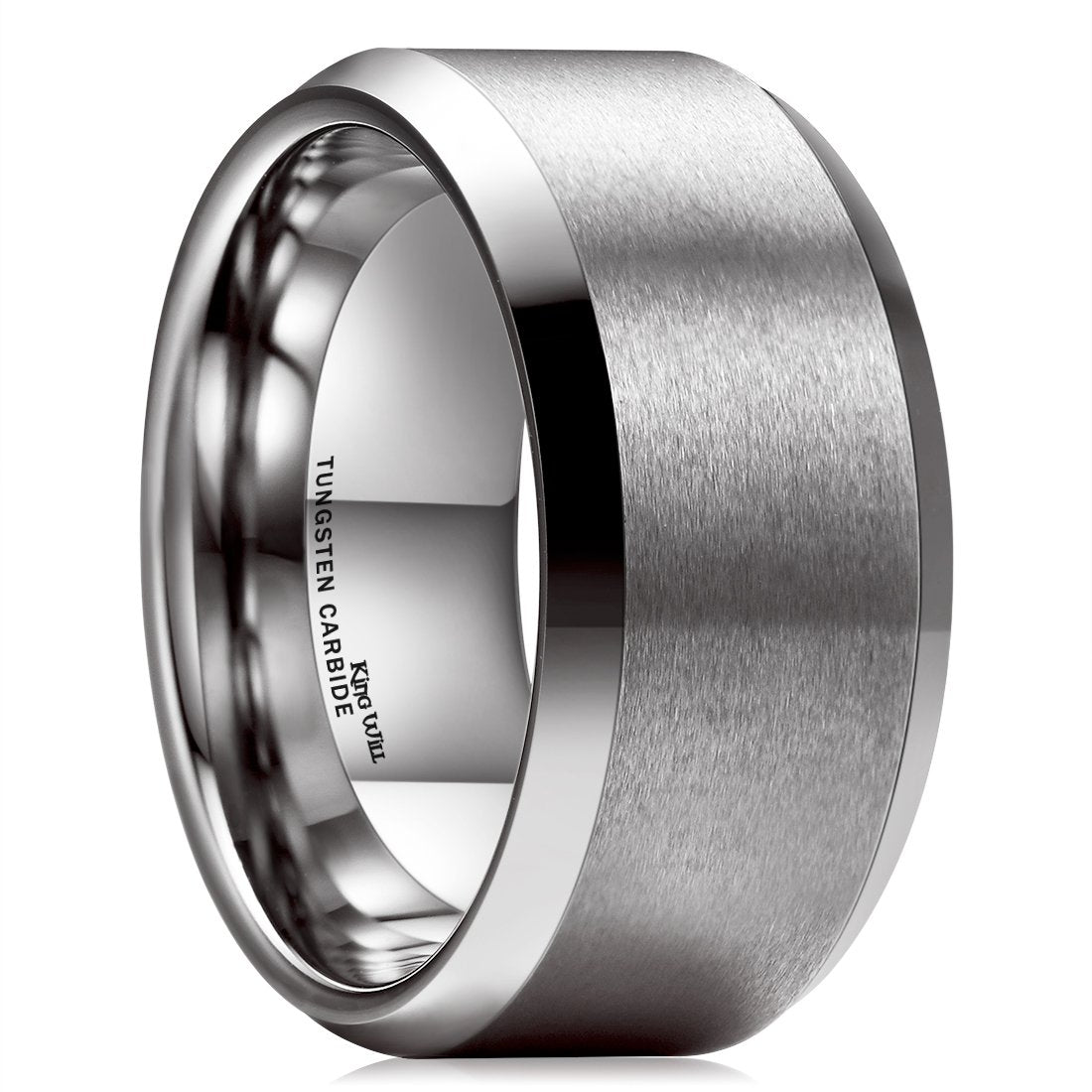 King Will 10mm Silver Men's Wedding Ring - Brushed Matte Finish, Beveled Polished Edge, Comfort Fit Size 15