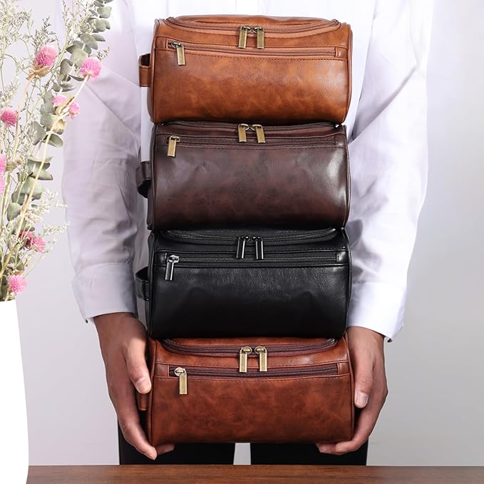 Toiletry Bag for Men, Hanging Travel Shaving Dopp Kit for Men and Women, Water-resistant Toiletries Organizer Bags, PU Leather Cosmetic Bags for Makeup Accessories (Light Brown)