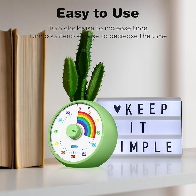 Visual Timer for Kids, 60-Minute Countdown Timer for Classroom Office Kitchen, Desk Timer Kids Time Management Tools with Silent Operation, Pomodoro Time Rainbow Pattern (Green)